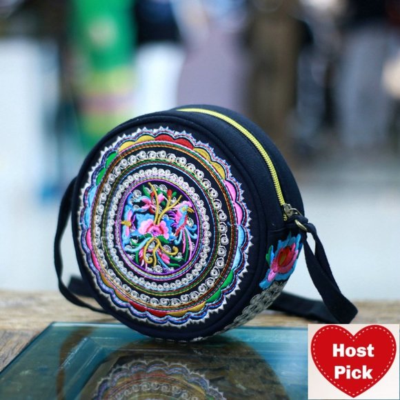 Embroidered Round Shoulder Bag Bright Multi Color Floral bag adjustable strap - Picture 1 of 5